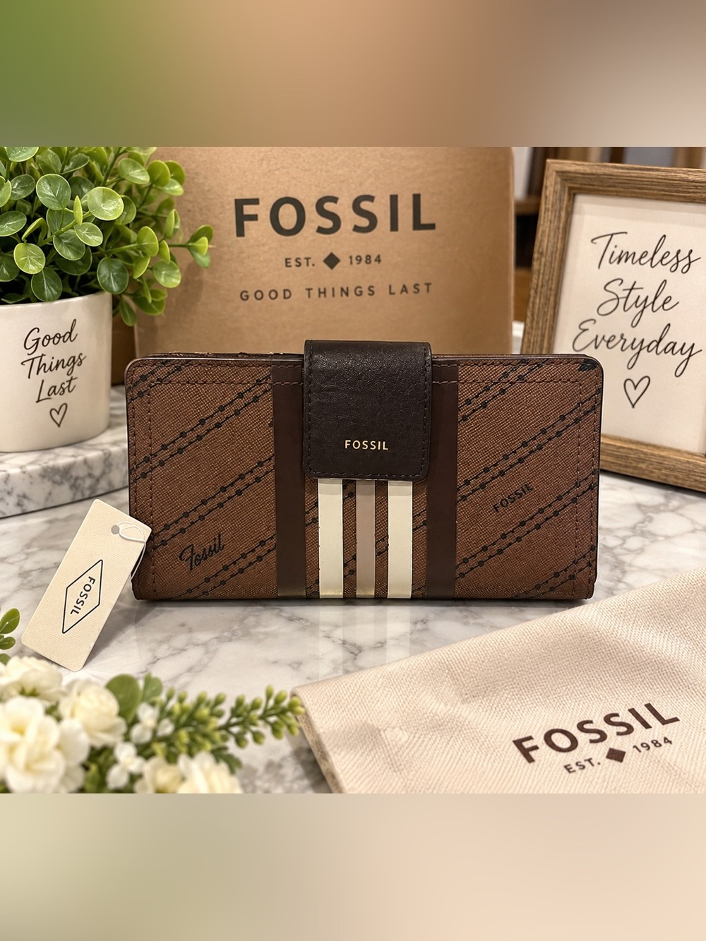 Fossil Brown Striped Bifold Wallet with ID Window & Zip Pocket